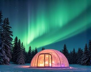 Green aurora borealis dancing over a snowy cabin in Lapland