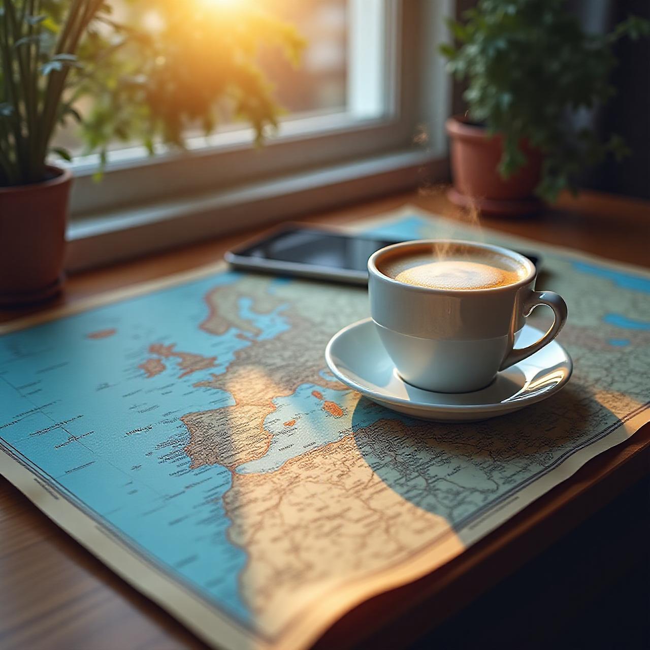 High-end travel planning session with maps and coffee in a bright studio