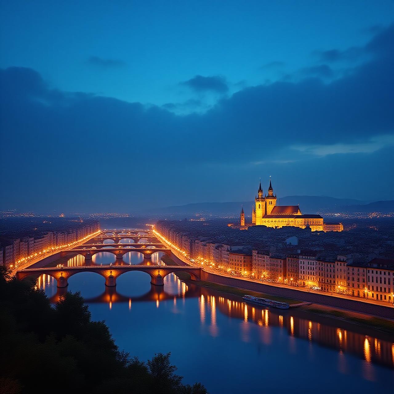 Panoramic view of a European twilight cityscape