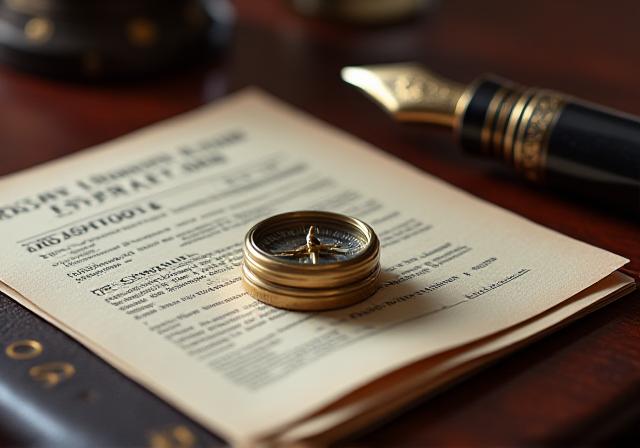 Close up of luxury travel documents and a compass on a dark wood table